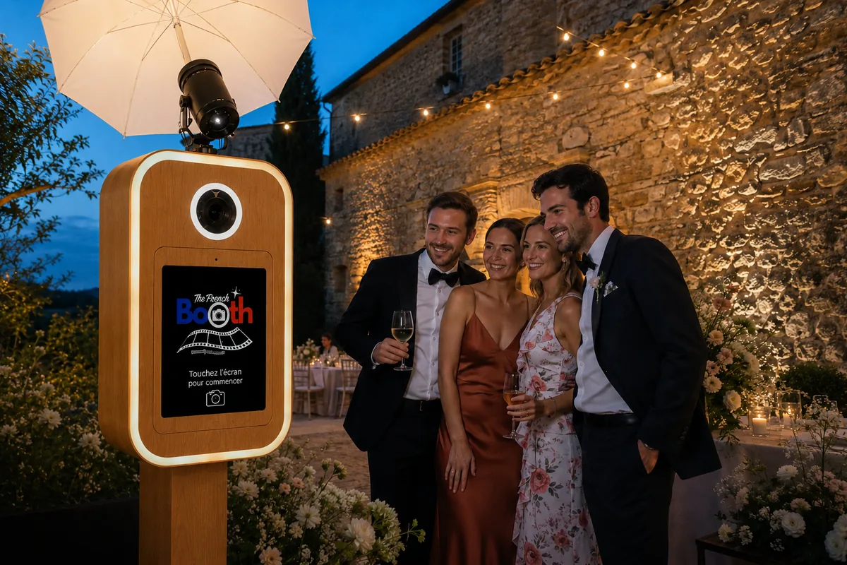 Groupe d'amis au photobooth lors d'un mariage en extérieur, à la tombée de la nuit