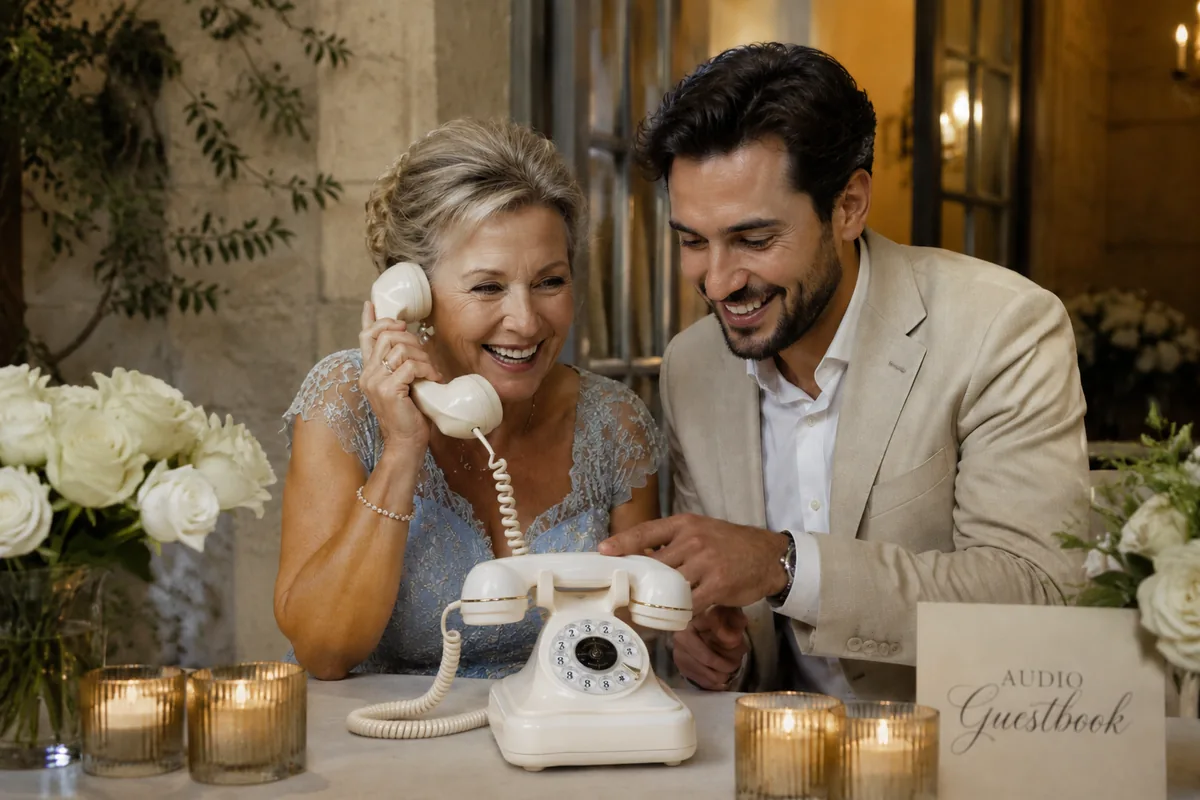 Couple partageant un message au téléphone vintage du Livre d'Or, panneau Audio Guestbook