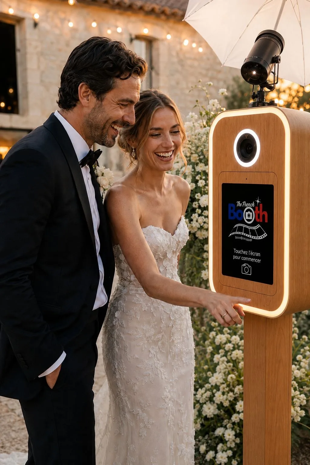 Mariés touchant l'écran de la borne, lumière dorée du soir