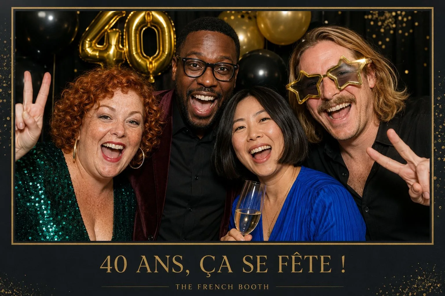 Groupe d'amis fêtant un anniversaire, tirage 40 ans ça se fête