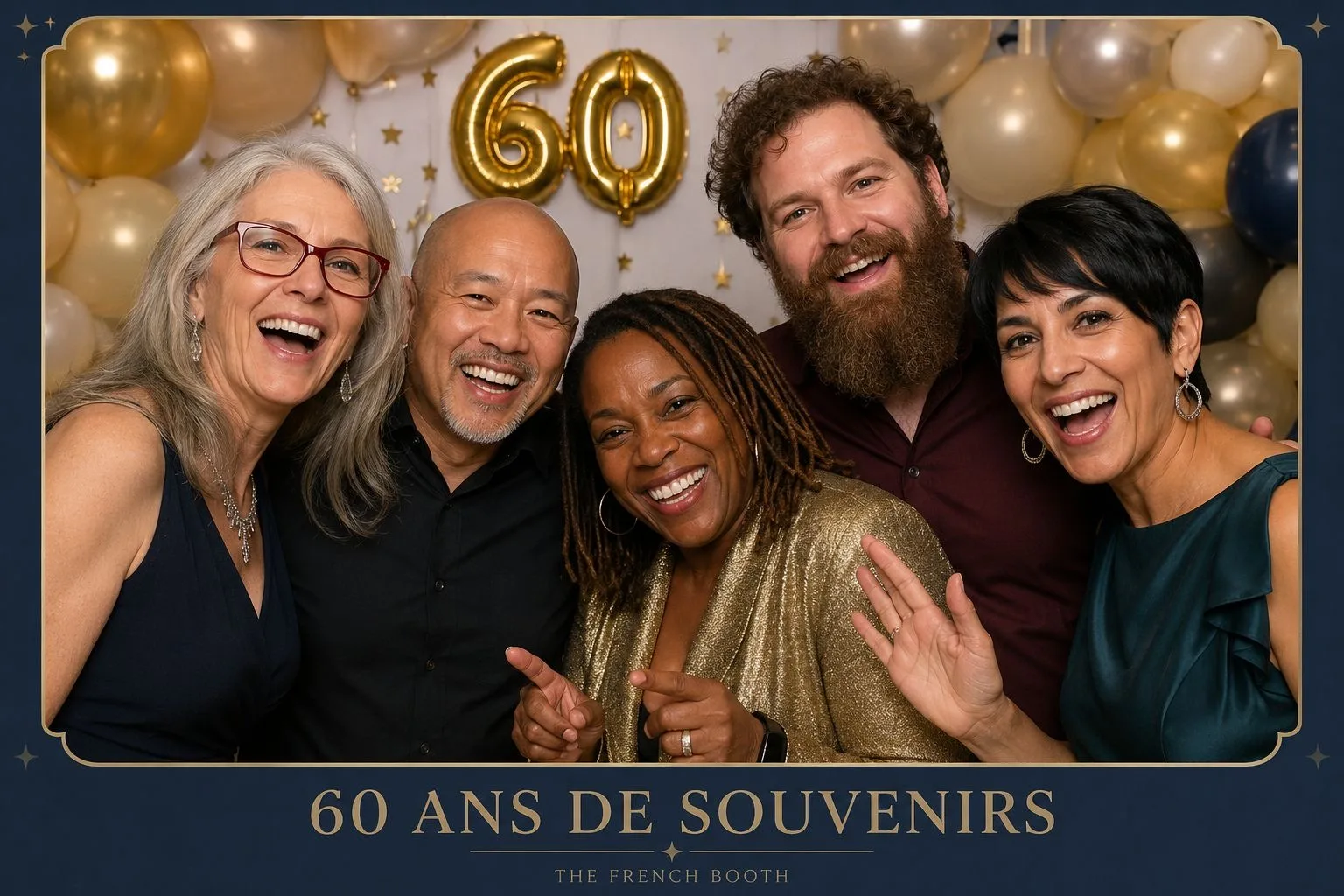 Groupe d'amis fêtant un anniversaire, tirage 60 ans de souvenirs