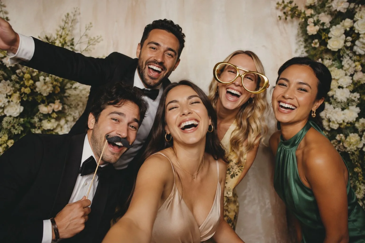 Groupe d'invités en selfie devant un mur de fleurs blanches