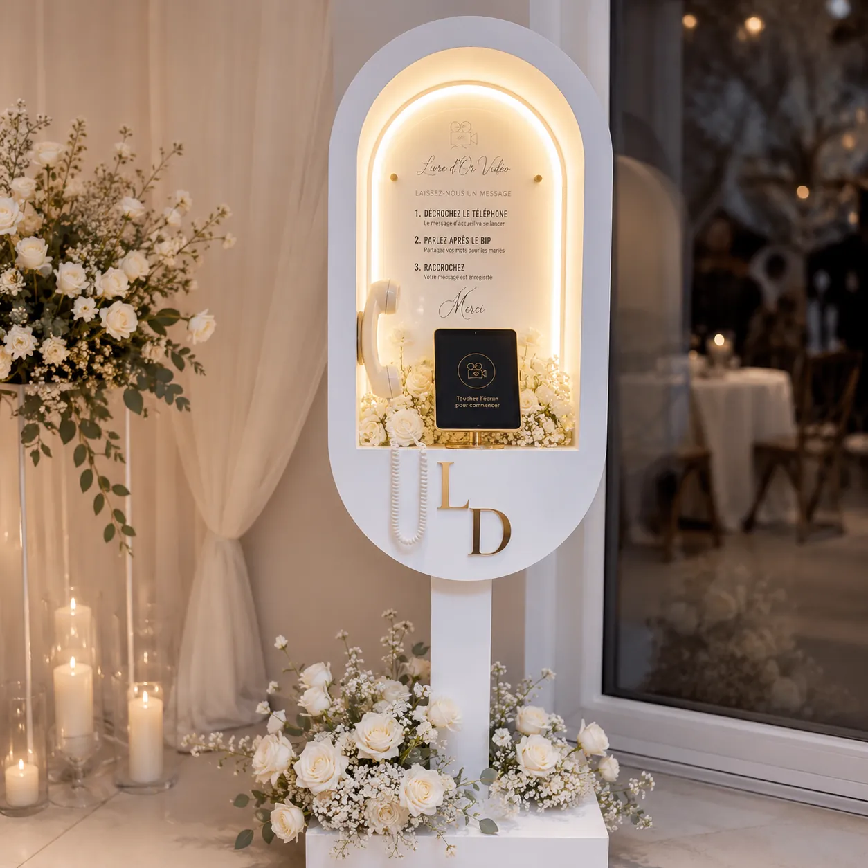 Cabine Livre d'Or vidéo en arche lumineuse, habillée de fleurs blanches