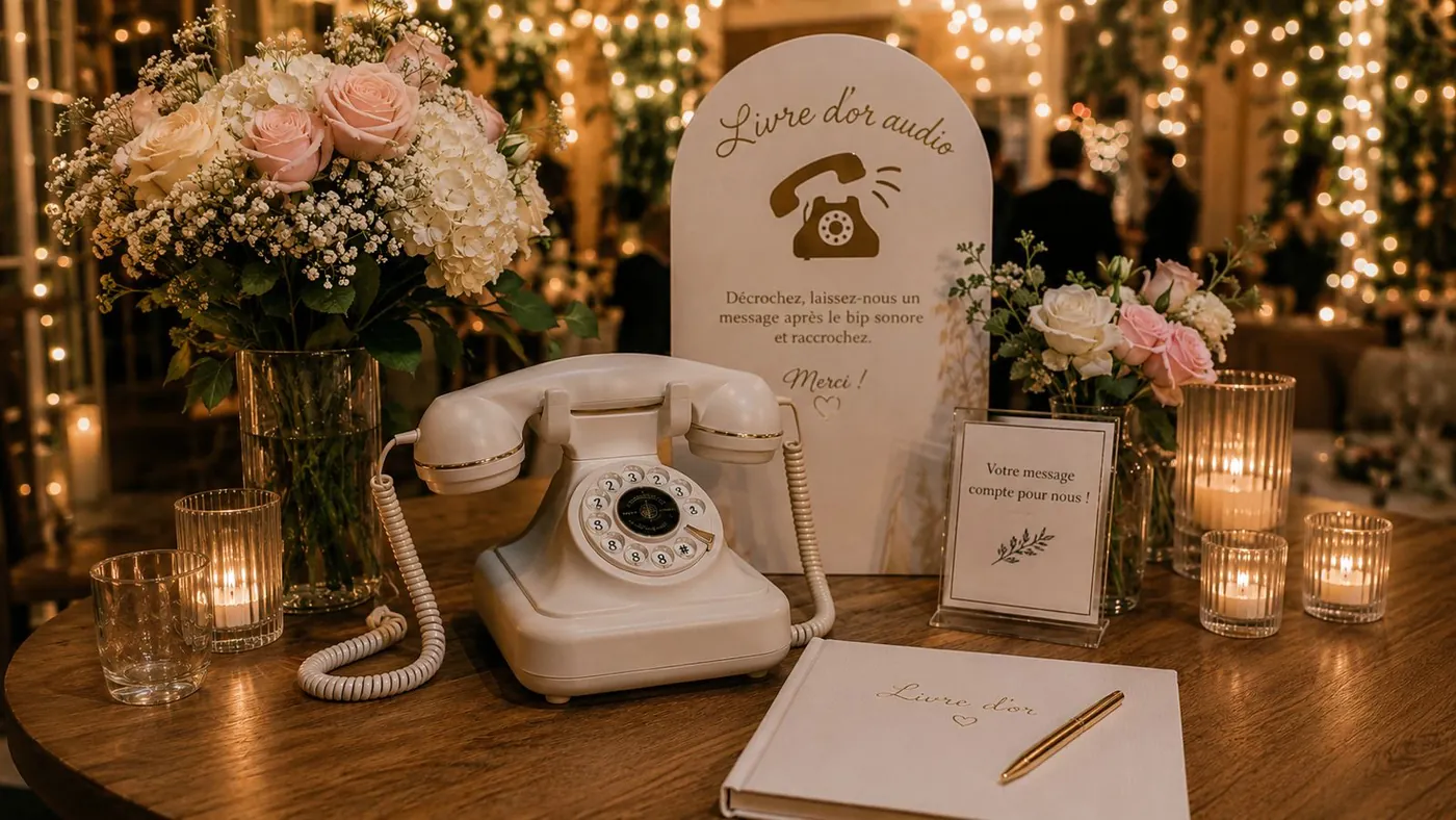 Borne Livre d'Or audio et son téléphone vintage, habillée de fleurs