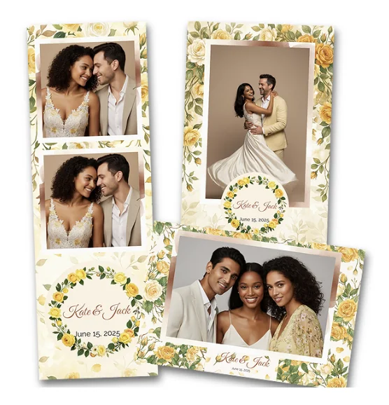 Layout de tirage photobooth personnalisé pour un mariage, cadre floral doré