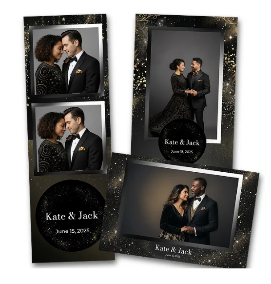Layout de tirage photobooth personnalisé pour un mariage, habillage noir et doré élégant