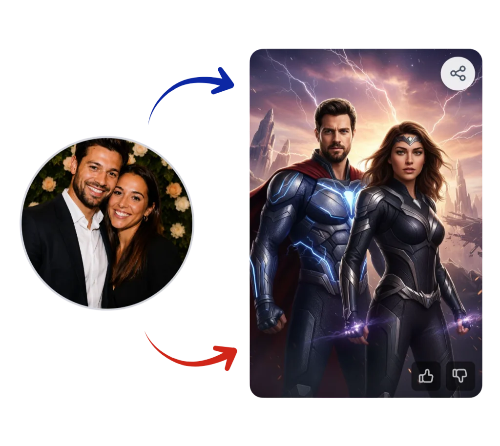 Avant / après : la photo d'un couple prise au photobooth, transformée en portrait de super-héros par l'IA