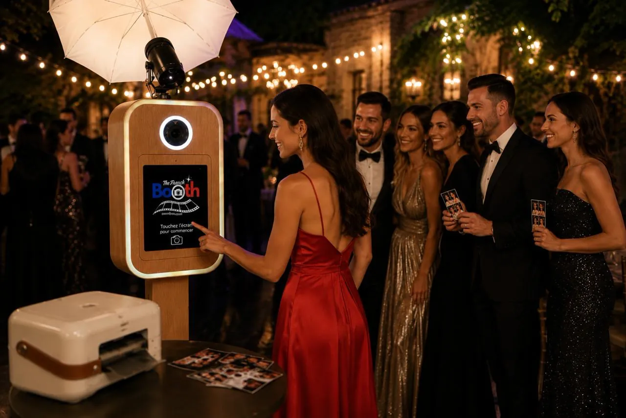 Photobooth installé sous les guirlandes d'un jardin de mariage à la nuit tombée