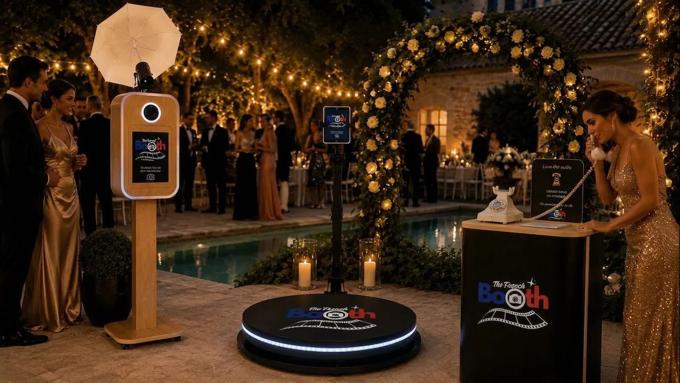 Photobooth, Videobooth 360° et Livre d'Or installés ensemble au bord d'une piscine