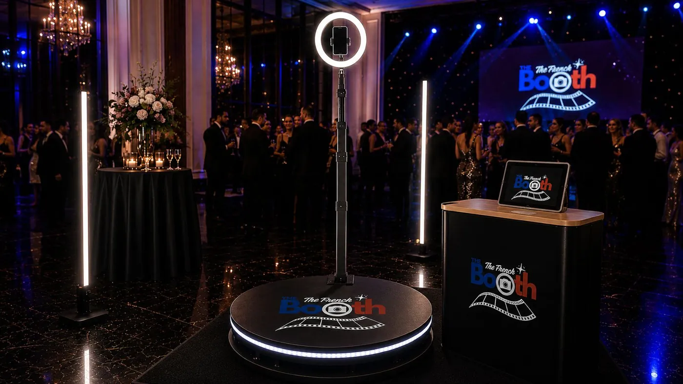 Plateforme Videobooth 360° et sa ring light au cœur d'une soirée
