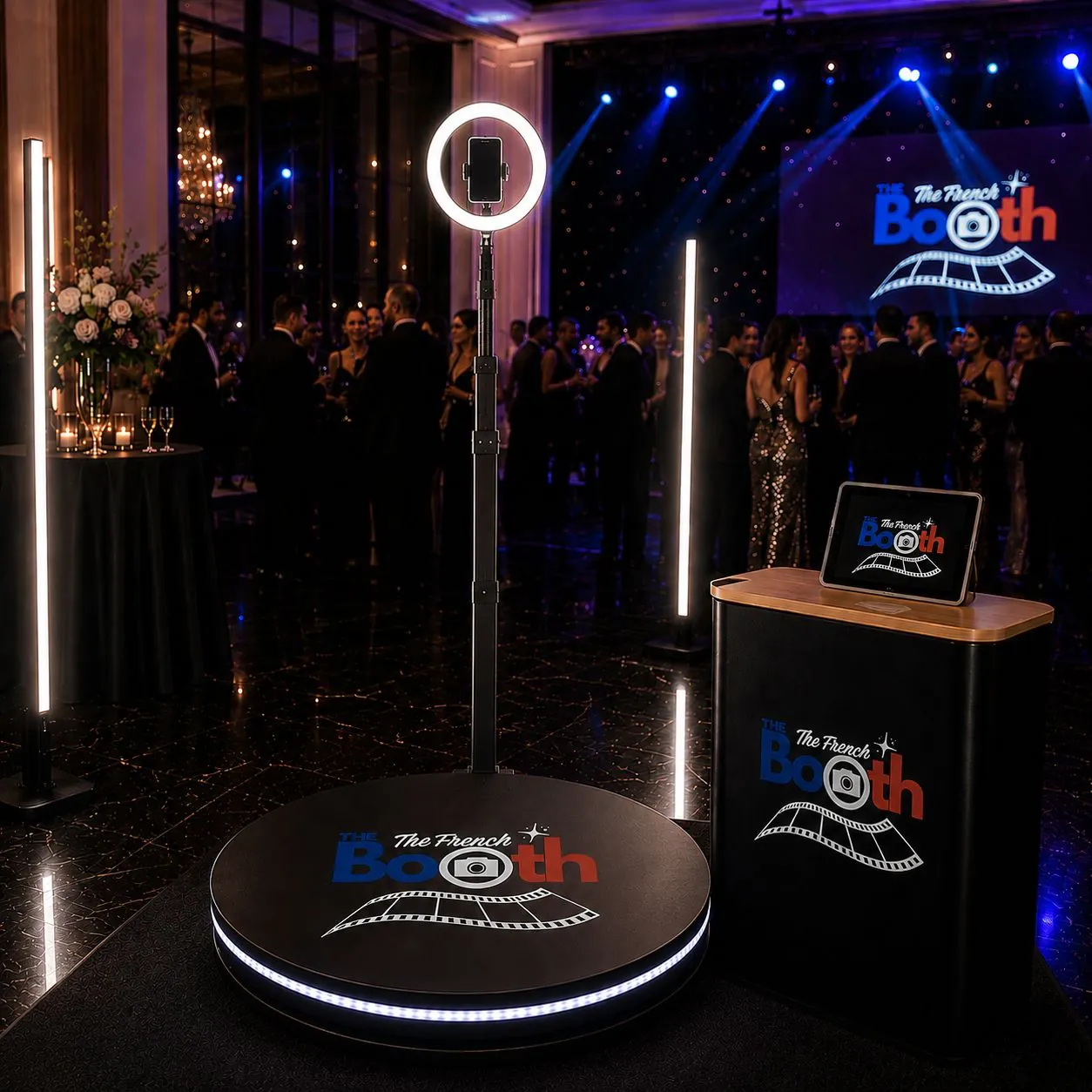 Plateforme Videobooth 360° et sa banque d'accueil lors d'une soirée de gala